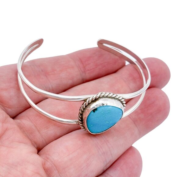 Vintage Sterling Silver 925 Rope Frame Turquoise Cuff Bracelet 6" - Picture 1 of 8